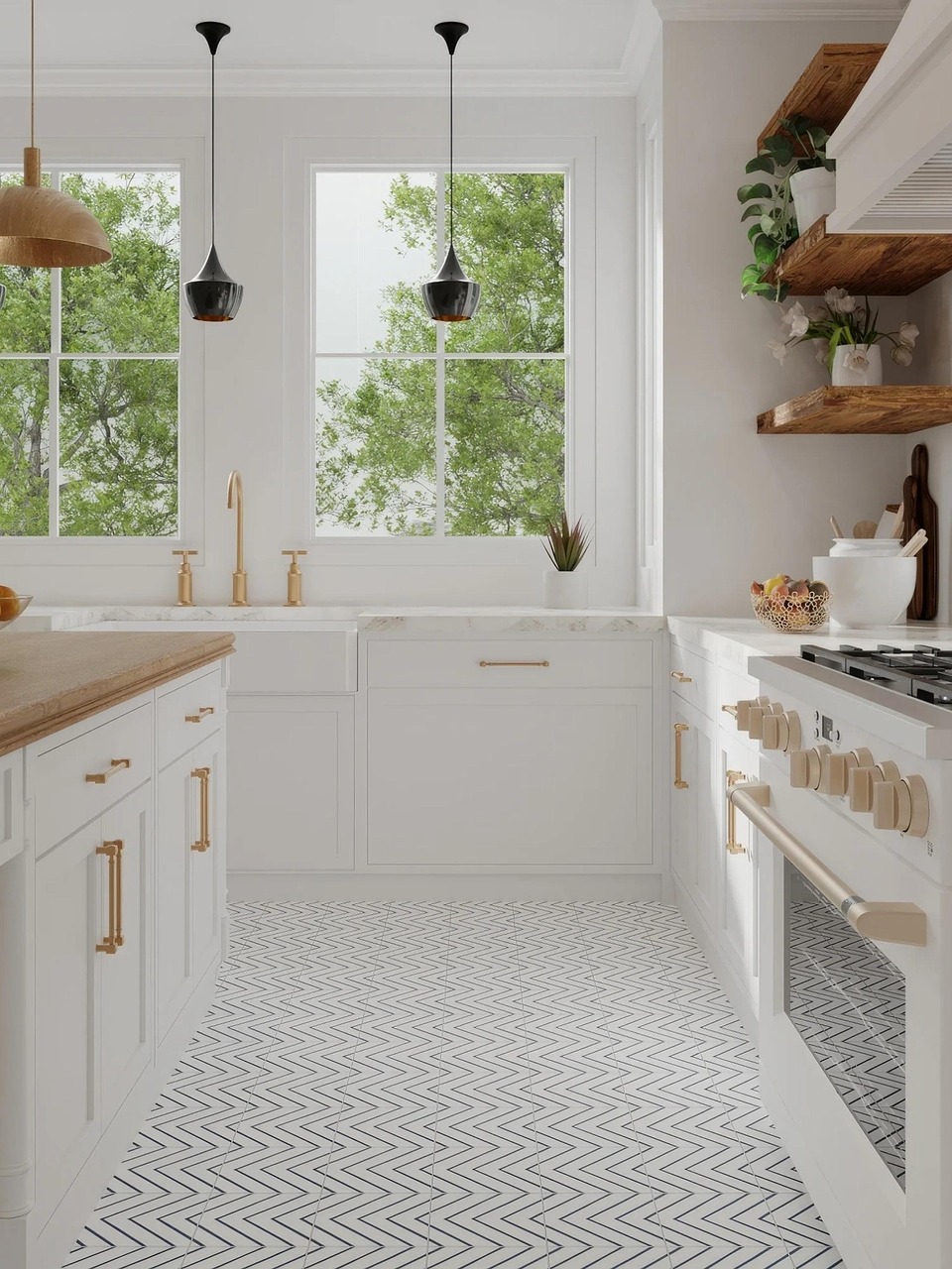 Modern White Kitchen with Herringbone Floors - After